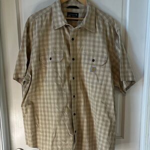 Carhartt Men's Beige/Tan Checkered Button Down Short Sleeved Shirt 2XL